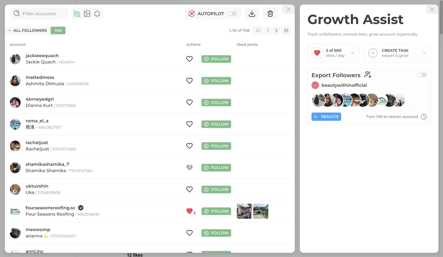 INSSIST Export Results - Review and download follower data as CSV